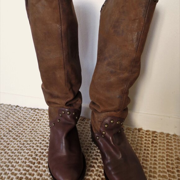 Tall Brown Leather Slouch Boots Knee High - Picture 2 of 8